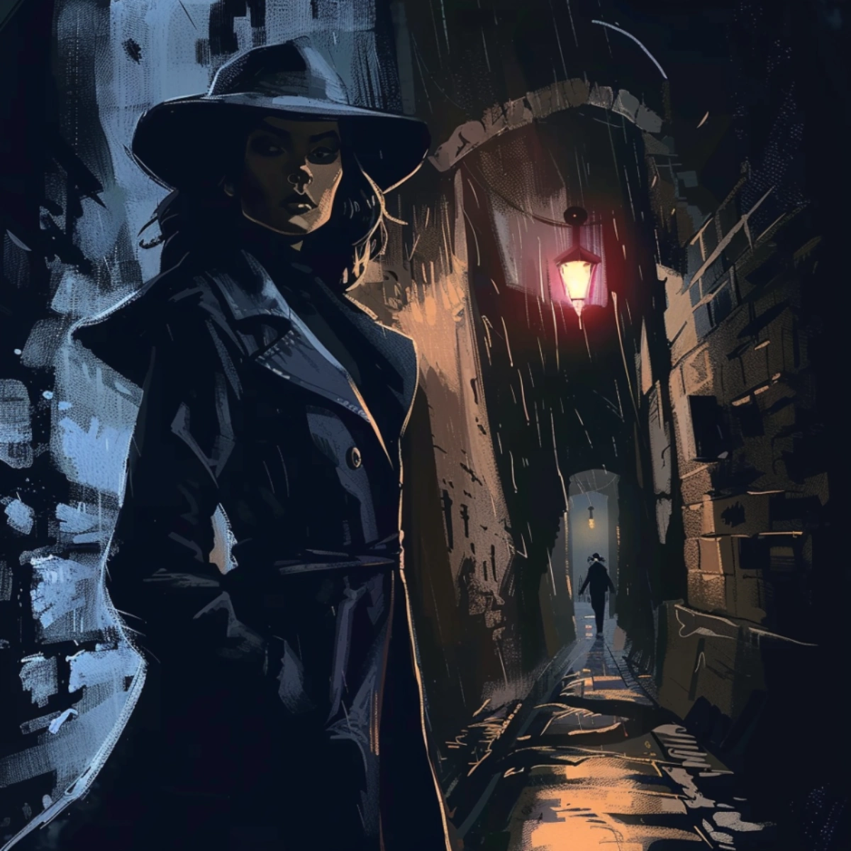 une détective dans une ruelle ambiance noir illustration par fletch